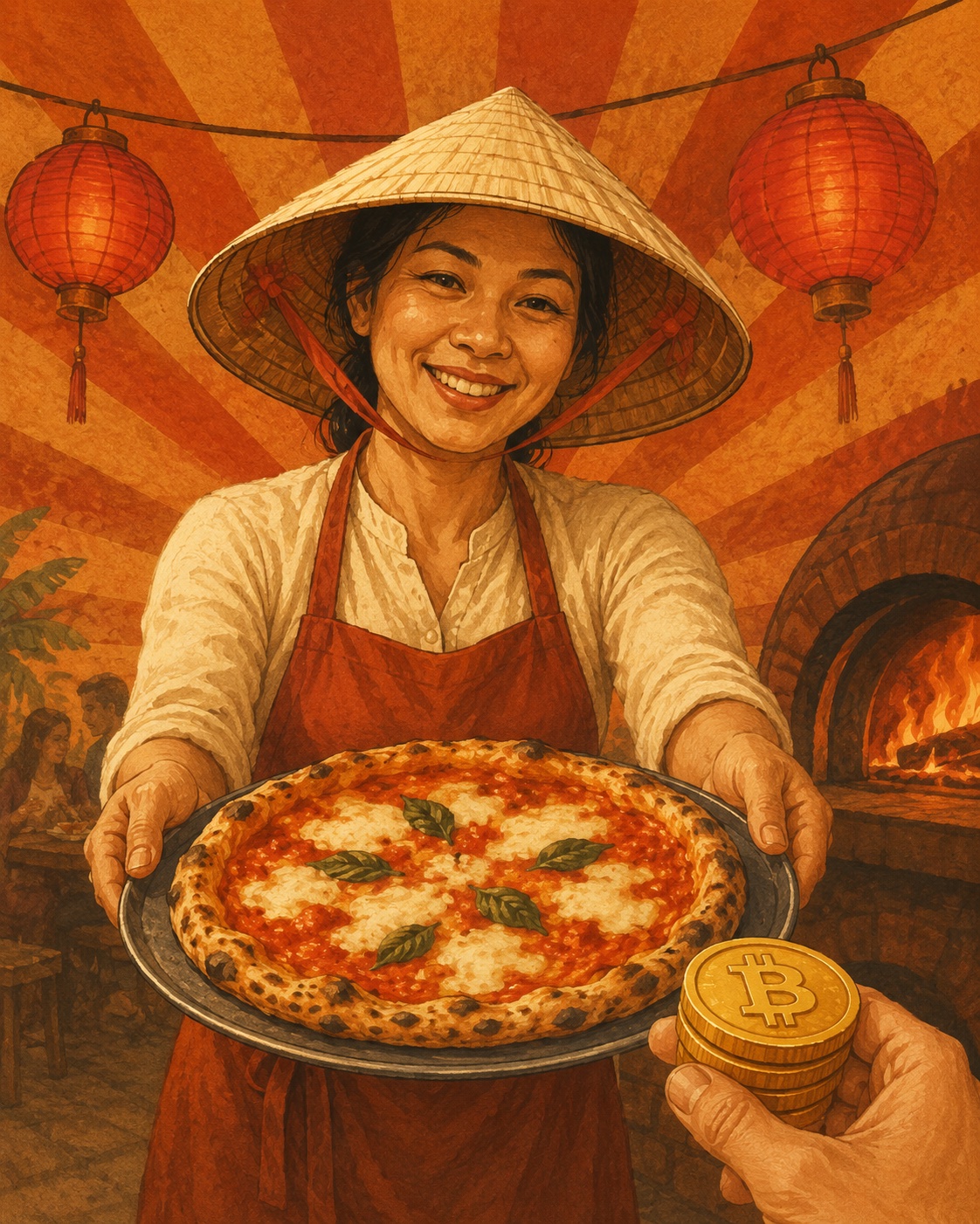 Người phụ nữ Việt Nam đội nón lá trao chiếc pizza bên cạnh đồng Bitcoin - Bitcoin Pizza Day illustration