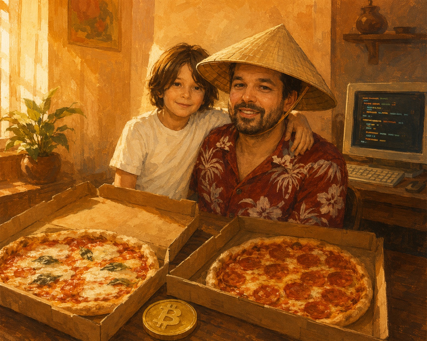 Laszlo Hanyecz đội nón lá ngồi bên hai hộp pizza và đồng Bitcoin - minh hoạ phong cách tái hiện vui nhộn ảnh gốc năm 2010