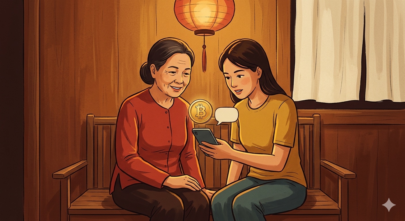 Hai người phụ nữ Việt Nam ngồi cùng nhau xem điện thoại có biểu tượng Bitcoin - minh hoạ chuyển tiền cho người thân